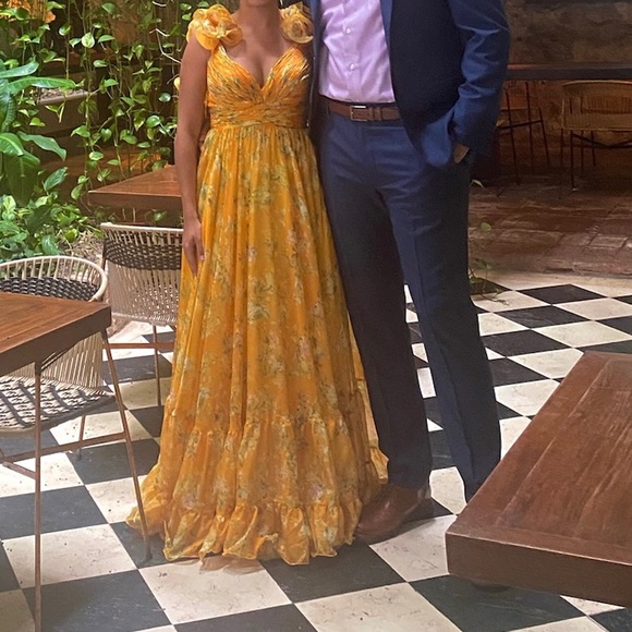 Mac Duggal | Dresses | Mac Duggal Yellow Ruffle Tiered Floral Cutout  Chiffon Gown Size 6 | Poshmark